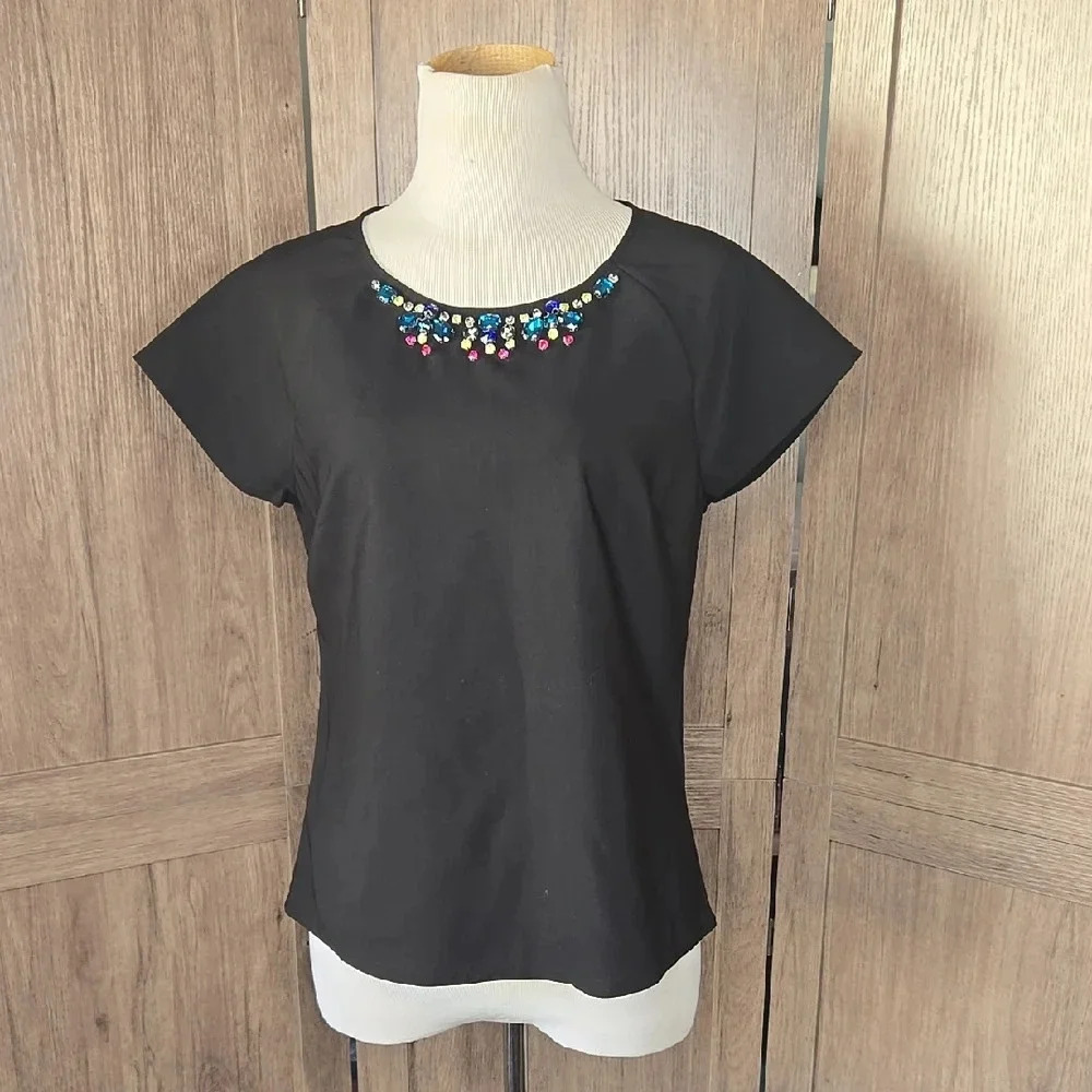 Elegant Black Top with Colorful Beaded Neckline